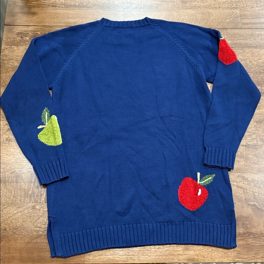 Quacker Factory Blue Sweater with Red & Green Apples. soft. Medium - Picture 6 of 6